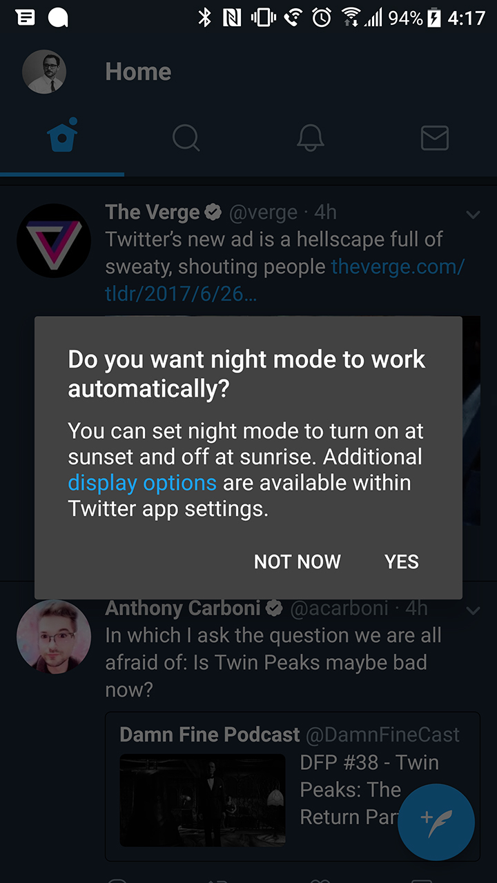 A atualização do Twitter v7.2 para Android traz o modo noite automático