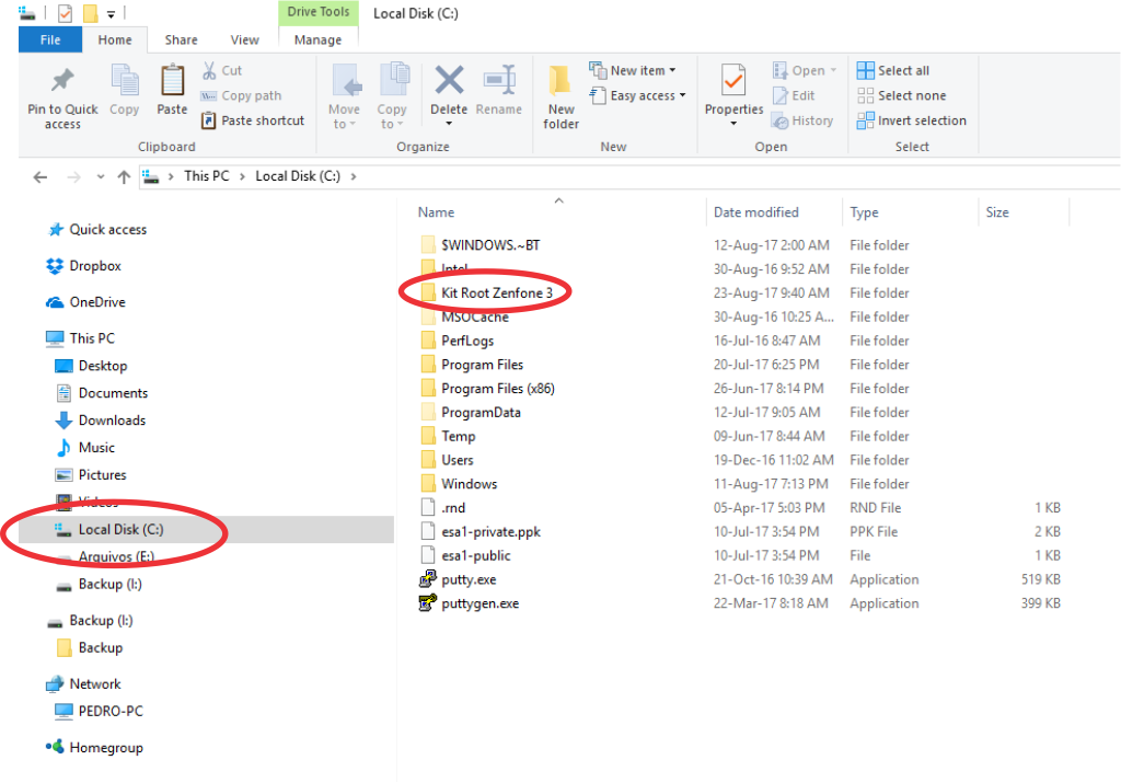 explorer mostrando kit root zenfone 3 no disco c