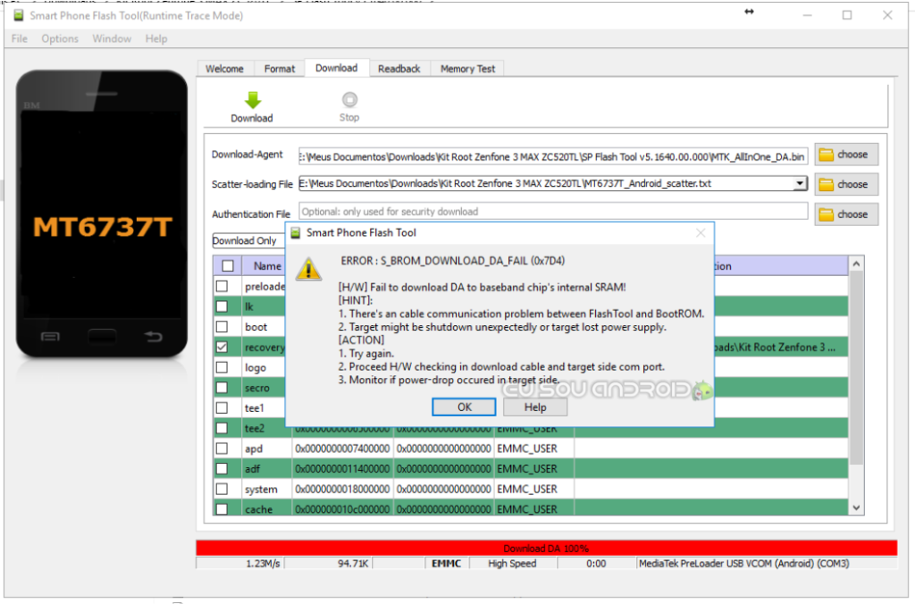 erro sp flash tools ERROR S_BROM_DOWNLOAD_DA_FAIL 0x7D4