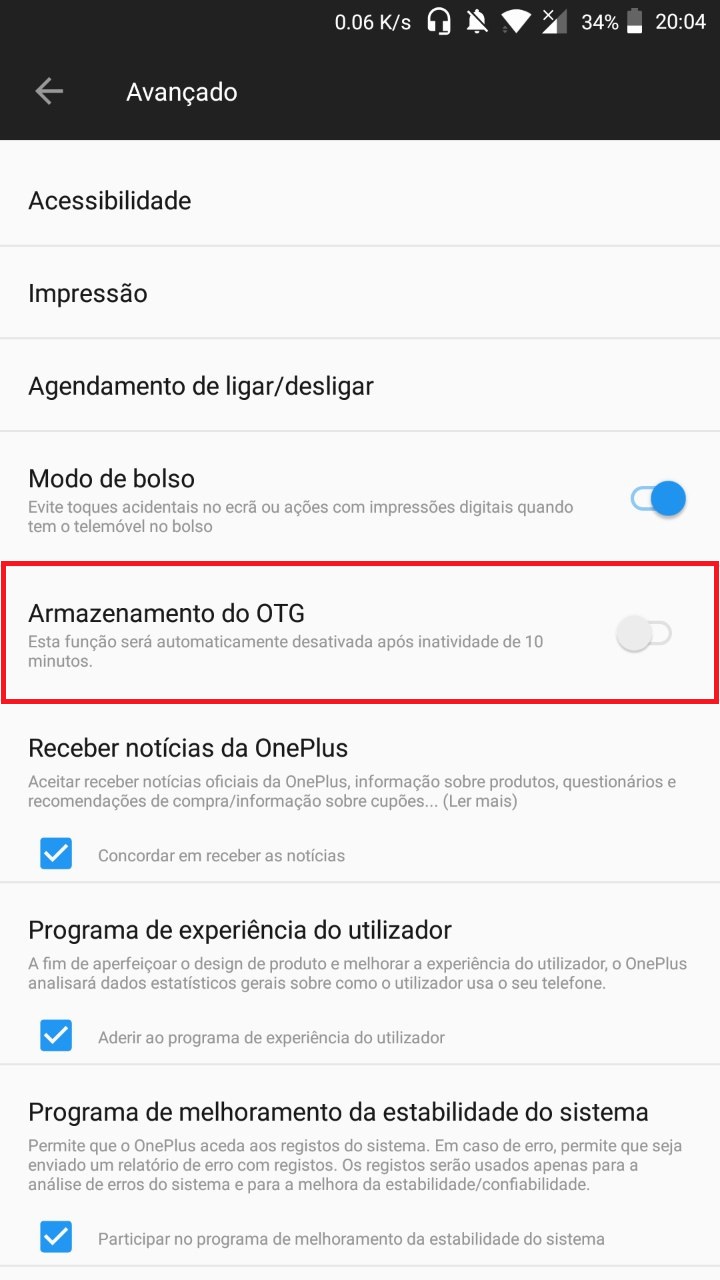 Como ativar o OTG no OnePlus