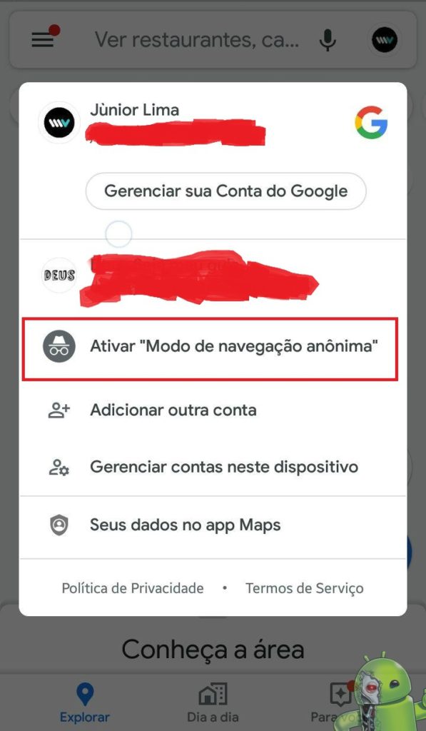 forma fácil de ativar o modo anonimo no google maps para Android
