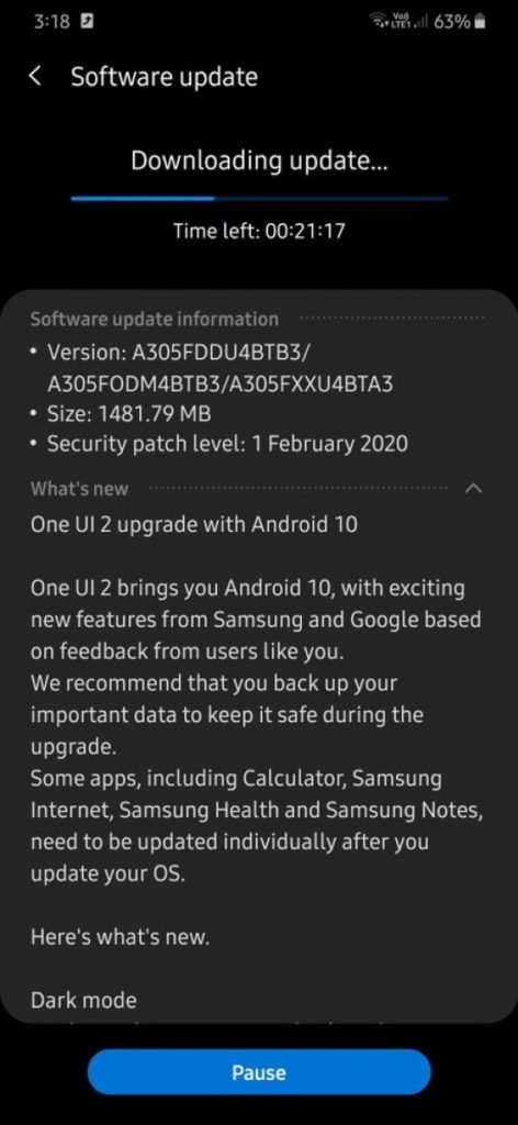 Galaxy A30 começa a receber o Android 10